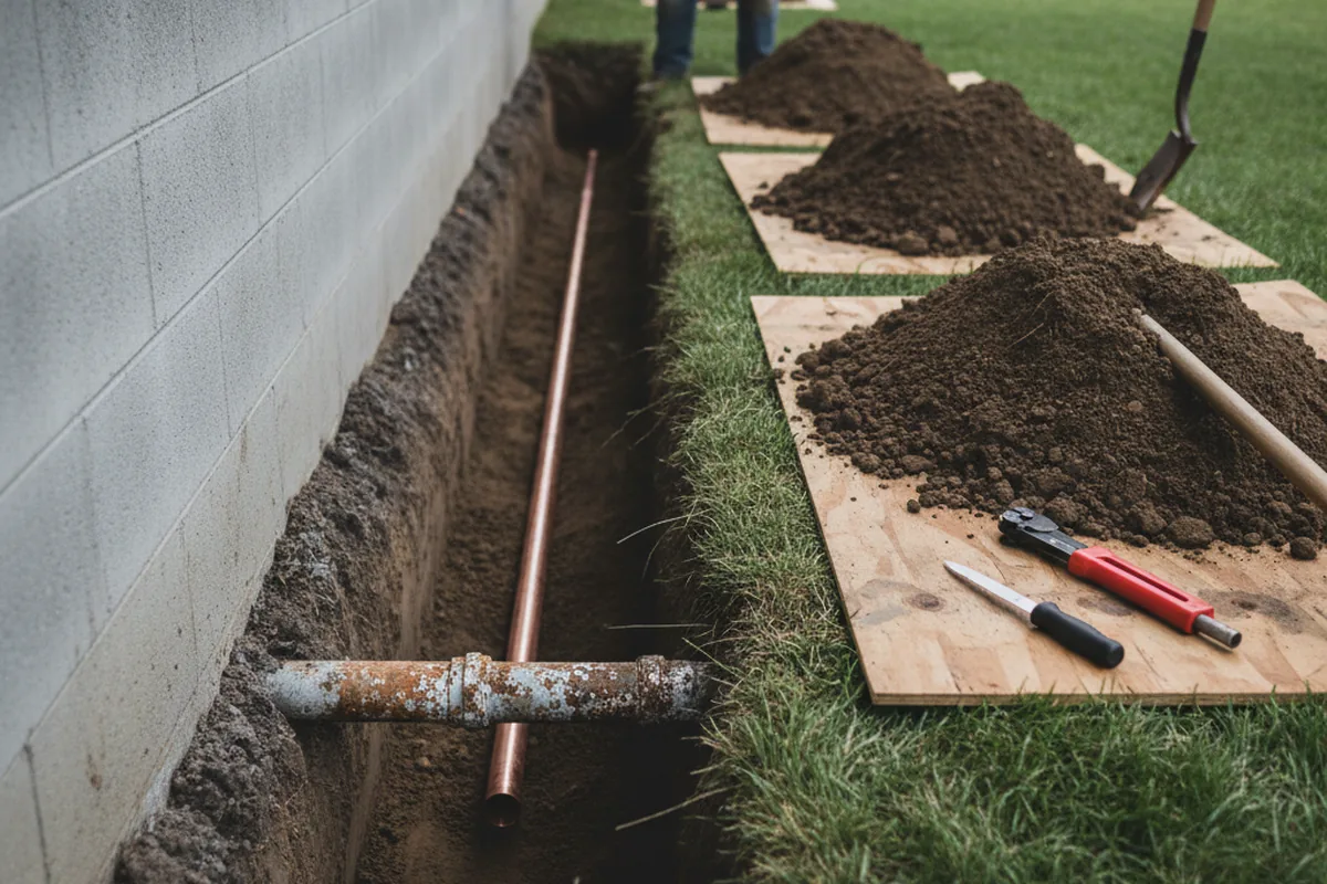 Excavated water line trench during Water Softener Installation in Rockford